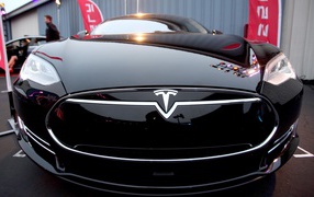 Black electric car Tesla Model 3, 2018 front view
