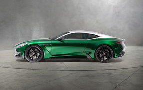 Зеленый автомобиль Aston Martin DB11 Cyrus, вид сбоку