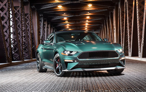 Green sports car Ford Mustang Bullitt, 2018 on the Iron Bridge