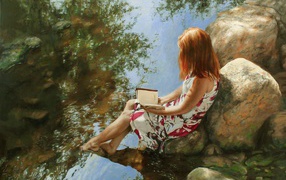 A painted girl with a book sits on a stone by the water