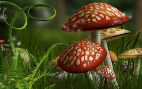 Нарисованные фантастические грибы мухоморы