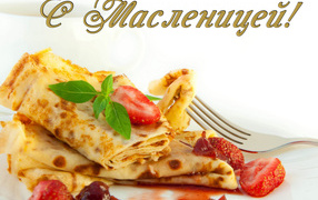 Appetizing pancakes with strawberries for the holiday of Maslenitsa 2019