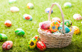 Basket of decorated Easter eggs in a basket for Easter