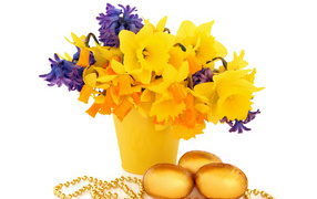 Bouquet of daffodils in hyacinths on a white background with golden eggs