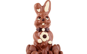 Шоколадный пасхальный кролик с яйцами на белом фоне