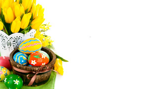 Easter eggs and a bouquet of yellow tulips, a template for a card for Easter