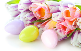 Multicolored tulips and painted eggs for Easter holiday