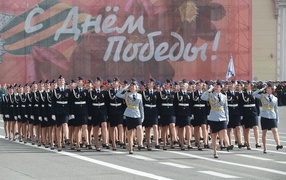 Girls cadets march on Victory Day parade on May 9
