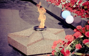 Red carnations at eternal flame on Victory Day on May 9
