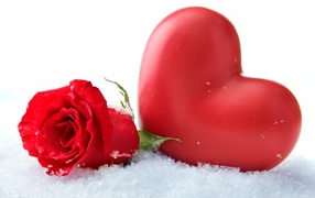 Big red heart with a red rose in the snow