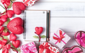 Hearts, gifts and notebook with pencil template for postcard