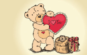 Teddy Bear with heart in hands and gifts