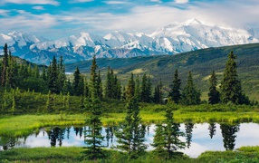 Beautiful view of the mountains, forest and lake, Alaska