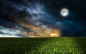 Green field under a beautiful sky with a bright moon at night