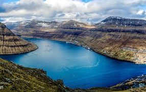 Lake between mountains under the beautiful sky, Faroe Islands