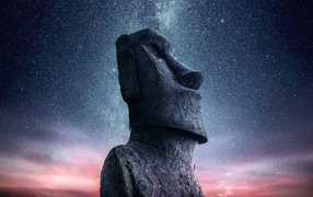 Statue of Moai under the beautiful starry sky, Chile