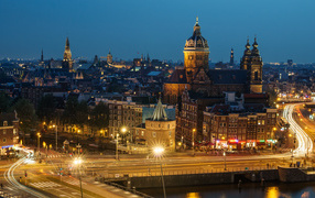 Panorama of the night city of Amsterdam, Netherlands
