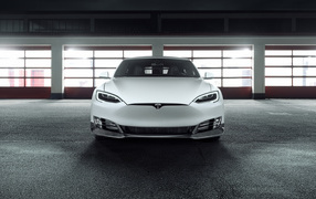 White electric vehicle Tesla Model S, front view