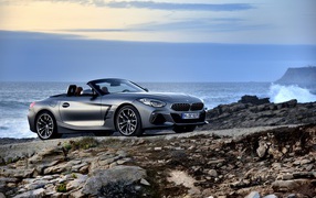 BMW Z4 convertible car on the shore against the ocean
