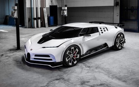 2019 white Bugatti Centodieci sports car in the garage