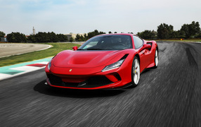 Red car Ferrari F8 Tributo 2019 on the highway
