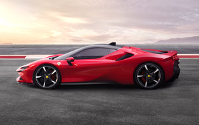 Красный спортивный автомобиль Ferrari SF90, 2019 года вид сбоку