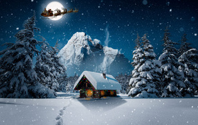 Санта Клаус пролетает над заснеженным домом на Рождество
