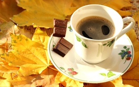 Чашка кофе с шоколадом стоит на желтых осенних листьях 