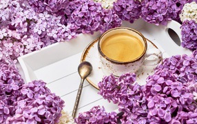 Чашка кофе на подносе с цветами сирени 