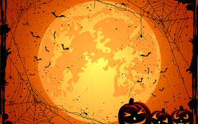 Big yellow moon with spiderweb and pumpkins halloween background