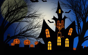 Ominous castle with a skeleton, pumpkins and bats on the background of a large moon