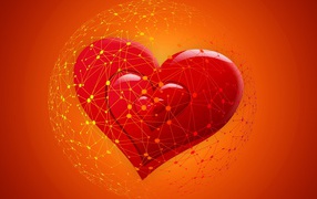 Red heart on the World Wide Web on an orange background