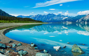 Beautiful blue lake near the snowy mountains