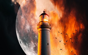 Lighthouse on the background of a huge moon