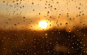 Raindrops on glass by the light of the sun