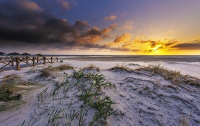 White sand in the grass on the shore under a beautiful sky at sunset