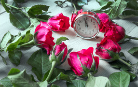 Будильник и красные розы на столе 