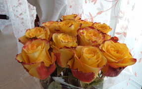 Красивый букет желтых роз в вазе у окна