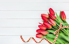 Букет красных тюльпанов с лентой на сером фоне