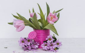 Pink tulips with flowers of chrysanthemum on a black background