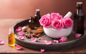 Roses on a tray with cinnamon and fragrant oil
