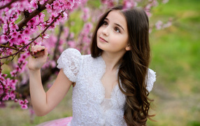 Little long-haired girl near a tree with pink flowers