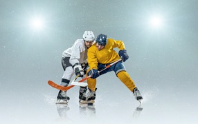 Two sportsmen of a hockey player on ice with sticks