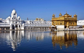 View of the Golden Temple Harmandir Sahib near the water, India