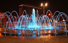 Fountain of fans in Krasnodar in the evening, Russia