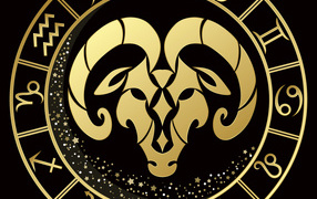 Golden Aries zodiac sign on black background