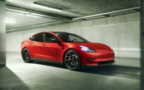 2019 red Tesla Model 3 car