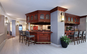 Коричневый деревянный кухонный гарнитур в просторной комнате
