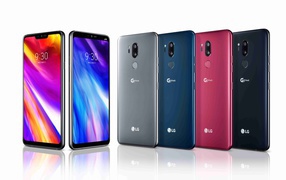 Multicolored smartphones LG G7 ThinQ on a white background