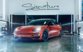 Red car Tesla Model 3 in the garage